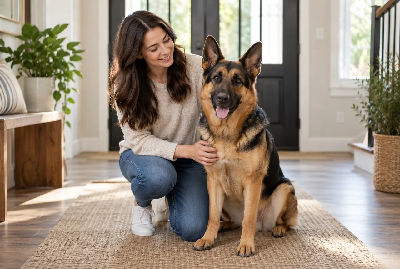 Owner kneeling beside a black-and-tan dog in a bright home entryway